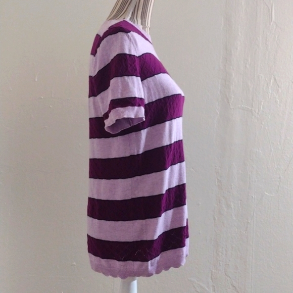 Purple Striped Short Sleeve Pullover Scalloped Hem Knit Sweater Fits M-L - Picture 7 of 12